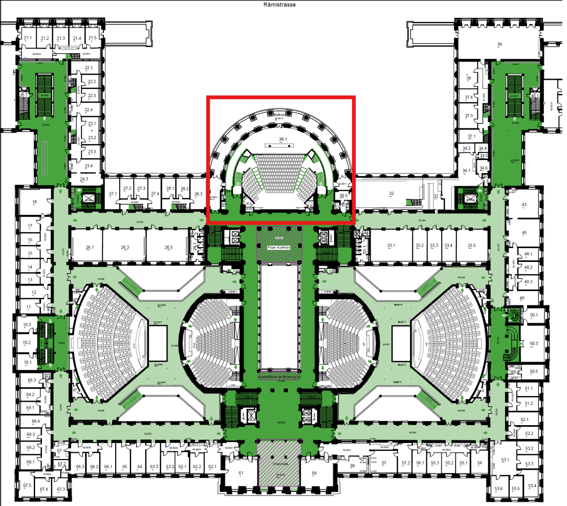 Floor plan of the F floor in the mainbuilding, highlight the location of the Audimax
